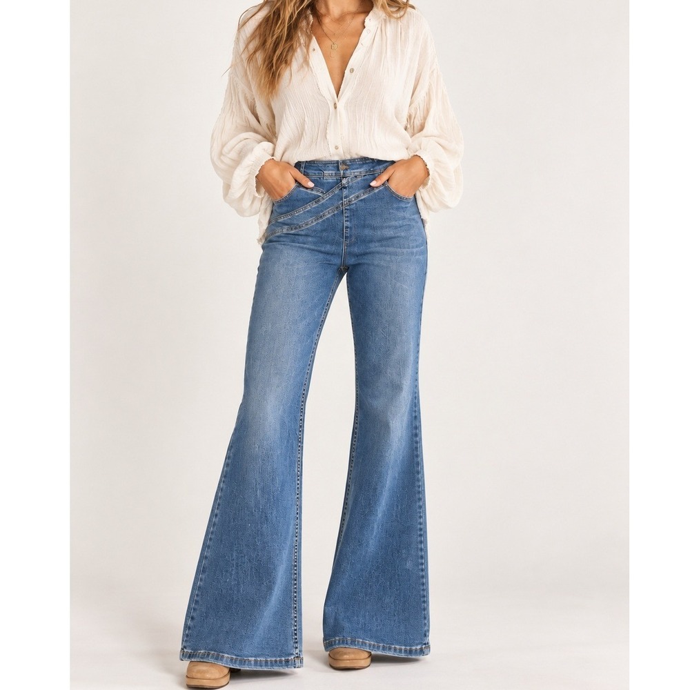 Free People We The Free Penny Flare Jeans Stretch Medium Wash Side Zip Size 32